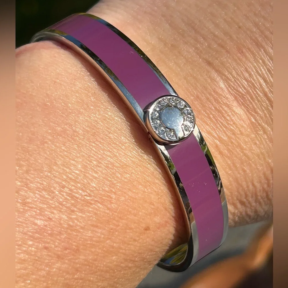 Coach Signature C Magenta Purple Silver Enameled Hinged Bangle Bracelet